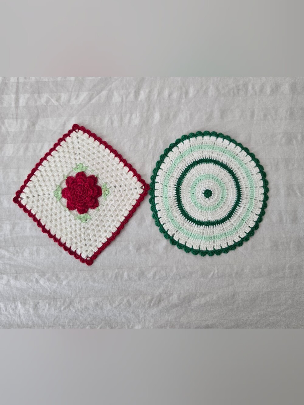 Handmade Vintage Style White, Red and Green Crochet Doilies - Holiday Decor